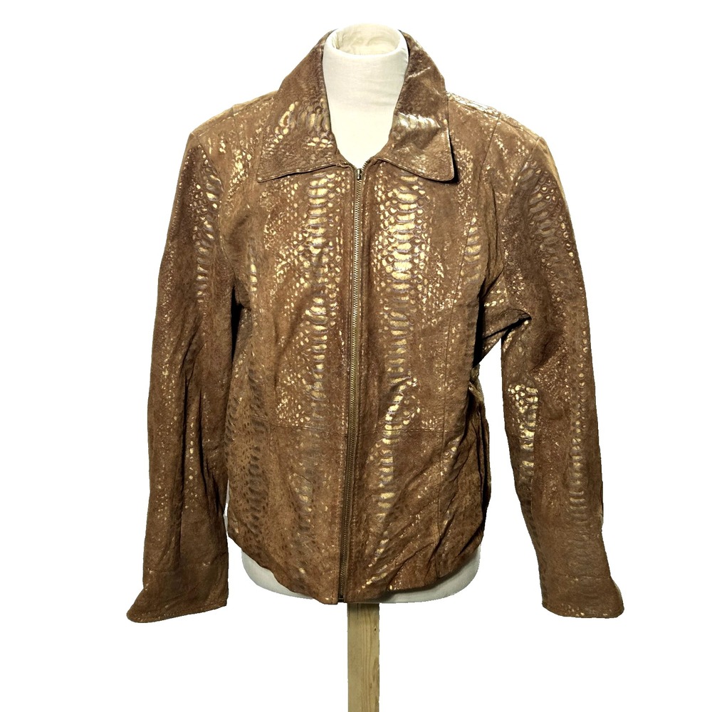 Pamela McCoy Leather Jacket Womens Size Large‎ Brown Full Zip Animal Print